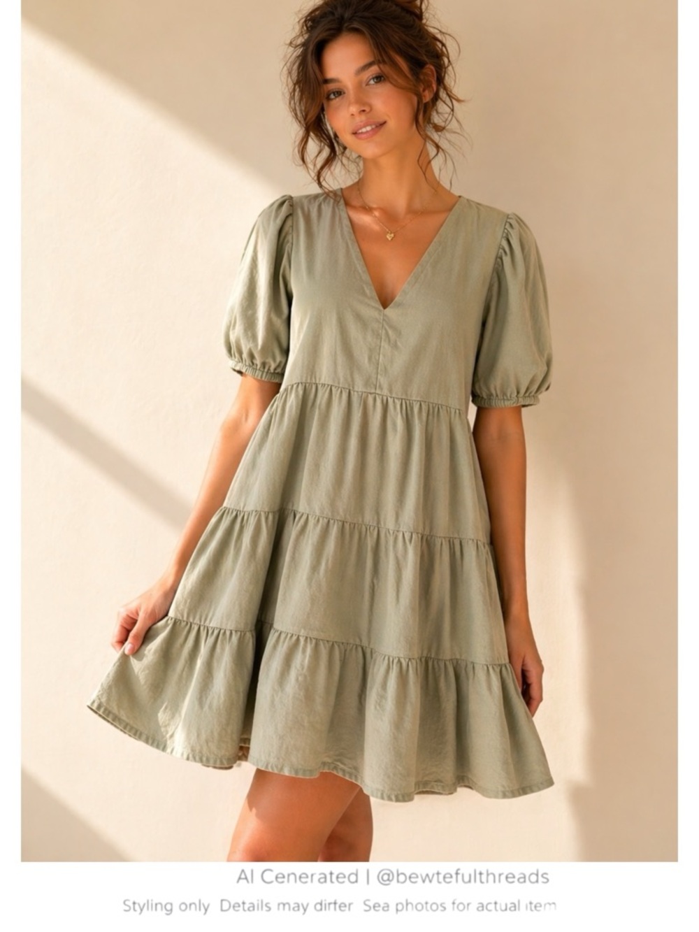Sage Cotton Tiered Babydoll Dress Puff Sleeve Cottagecore Mini M